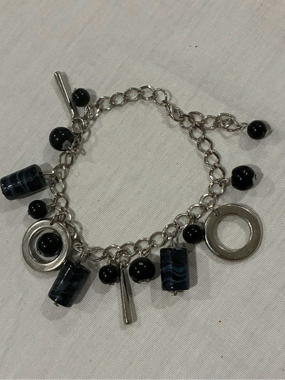 Silver Tone Black Bead Charm Bracelet